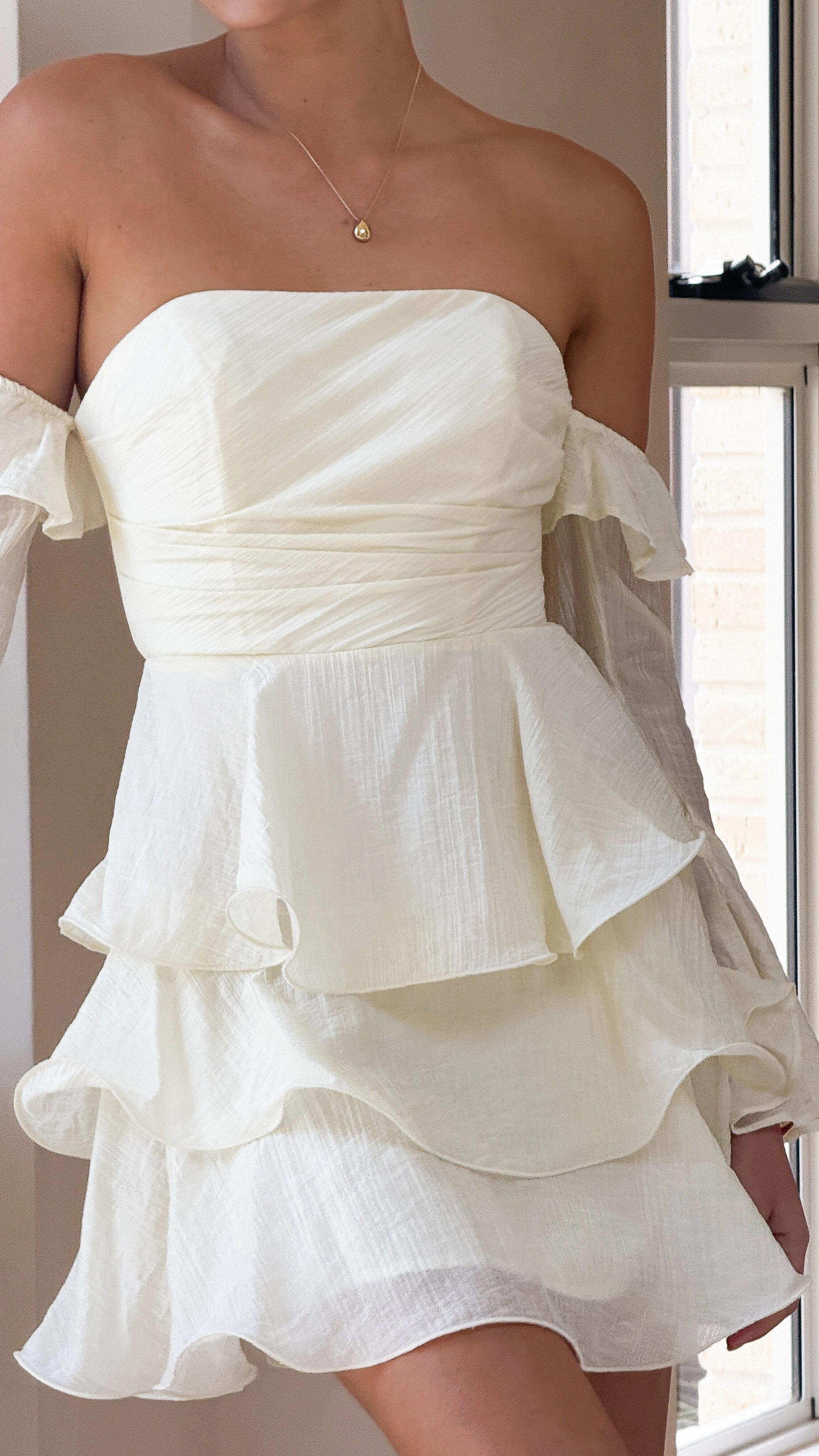 Harsha Off Shoulder Long Sleeve Mini Dress - Cream Understated Charm