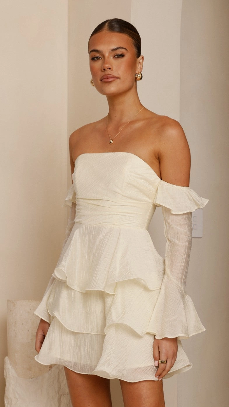Lunch Date Weekend Edge Harsha Off Shoulder Long Sleeve Mini Dress - Cream