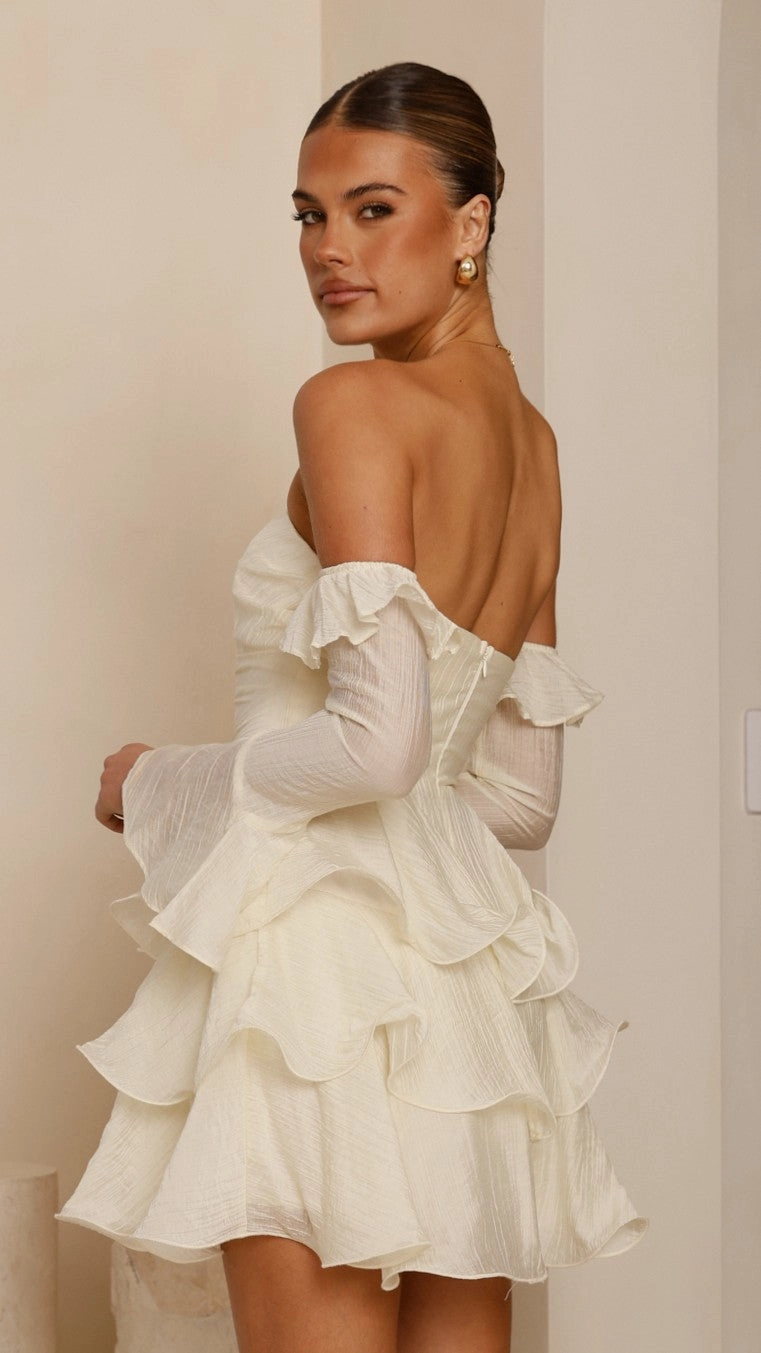 Mood Booster Harsha Off Shoulder Long Sleeve Mini Dress - Cream