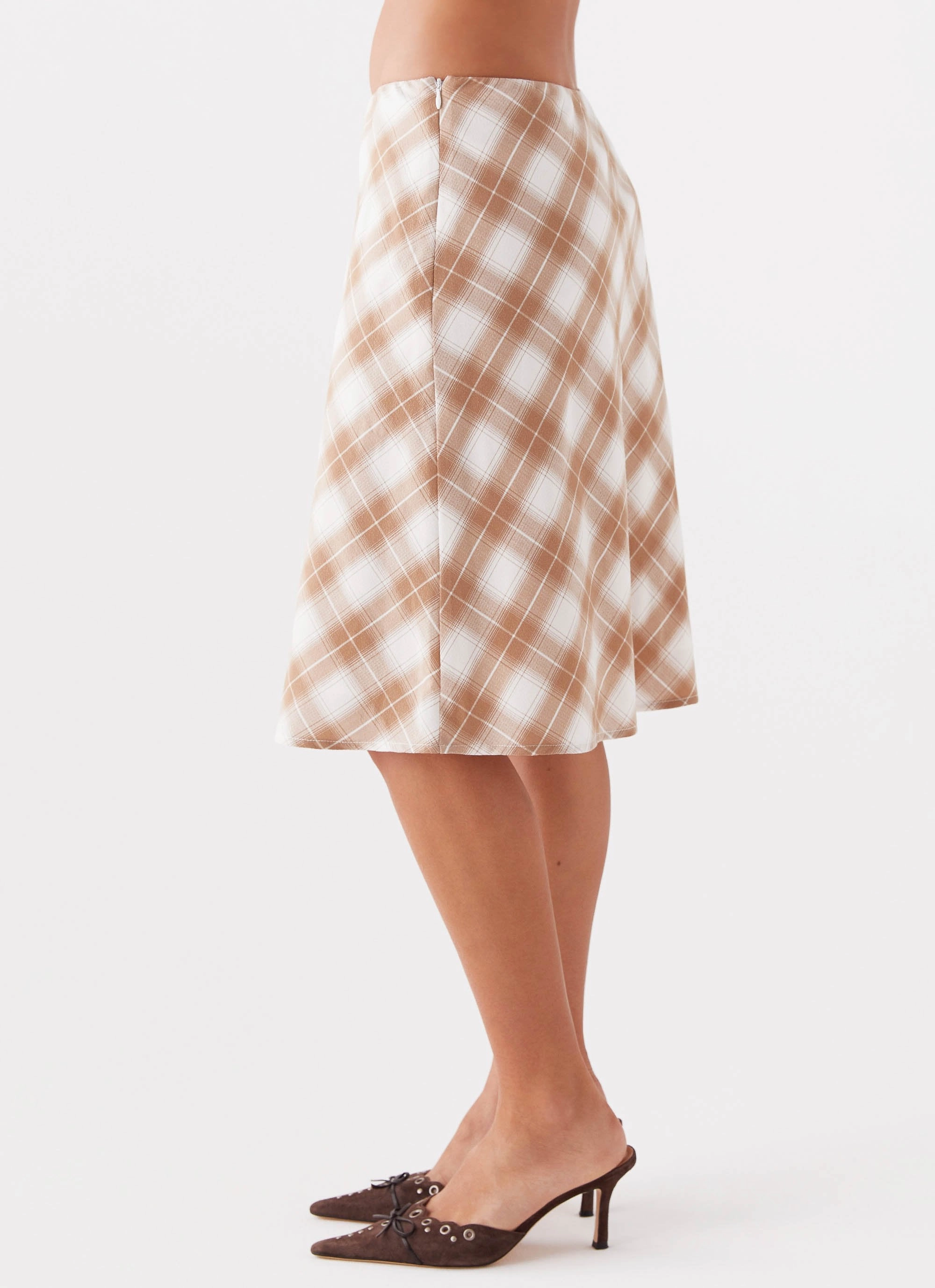 Asymmetrical Cut Easy Fit Andie Midi Skirt - Brown/White Plaid
