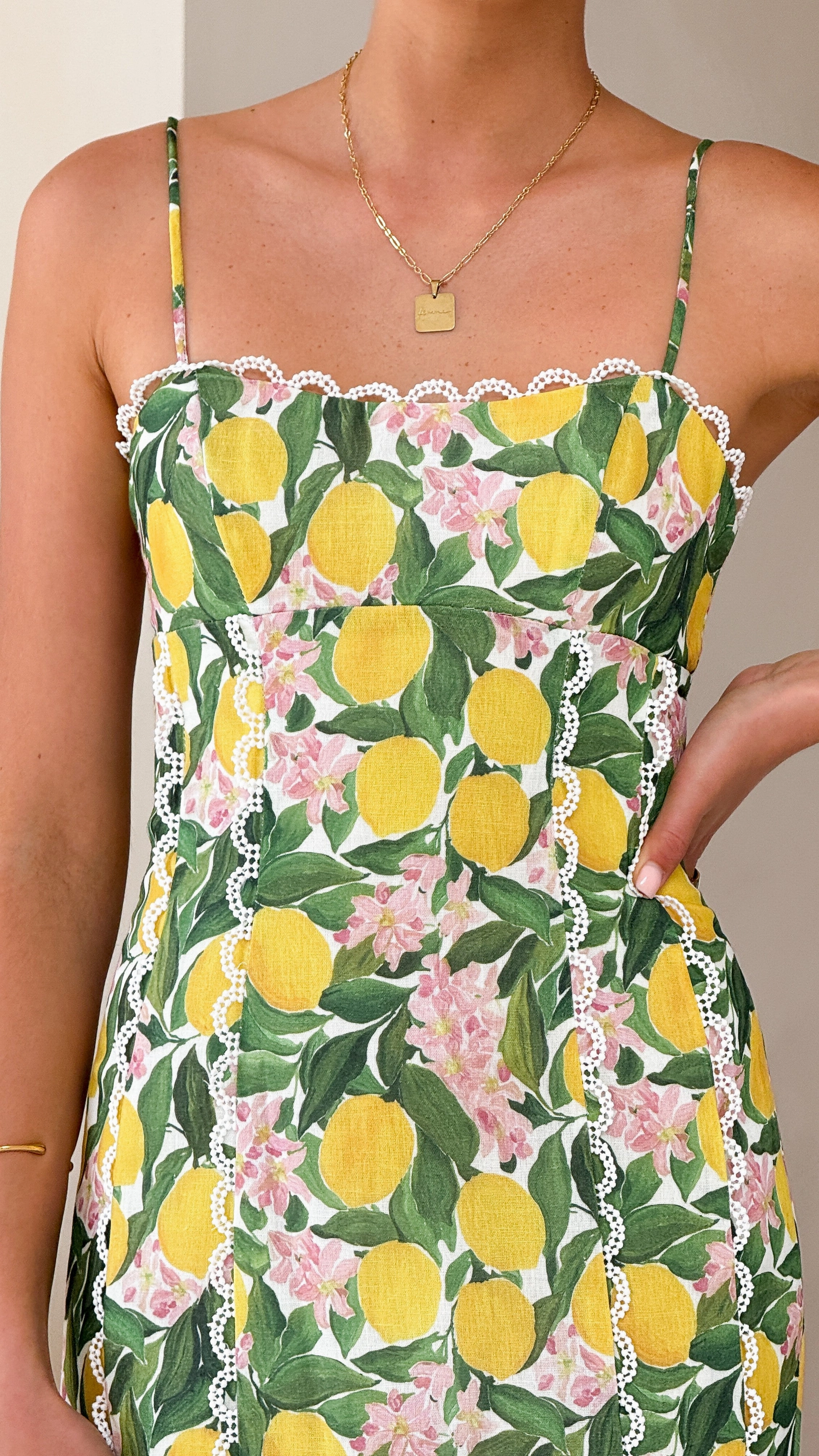 Carlia Midi Dress - Lemon Print Lace Detail Texture Rich
