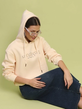 Madame Typography Print Hooded Beige Cotton Sweatshirt Essential Active