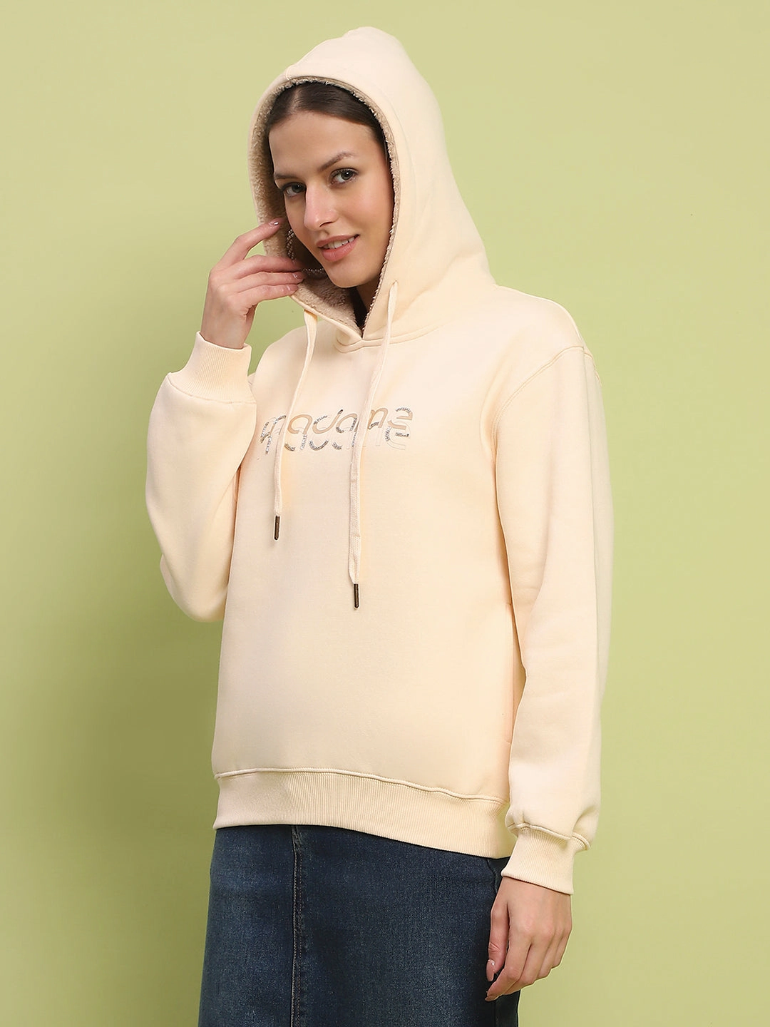 Muscular Fit Madame Typography Print Hooded Beige Cotton Sweatshirt