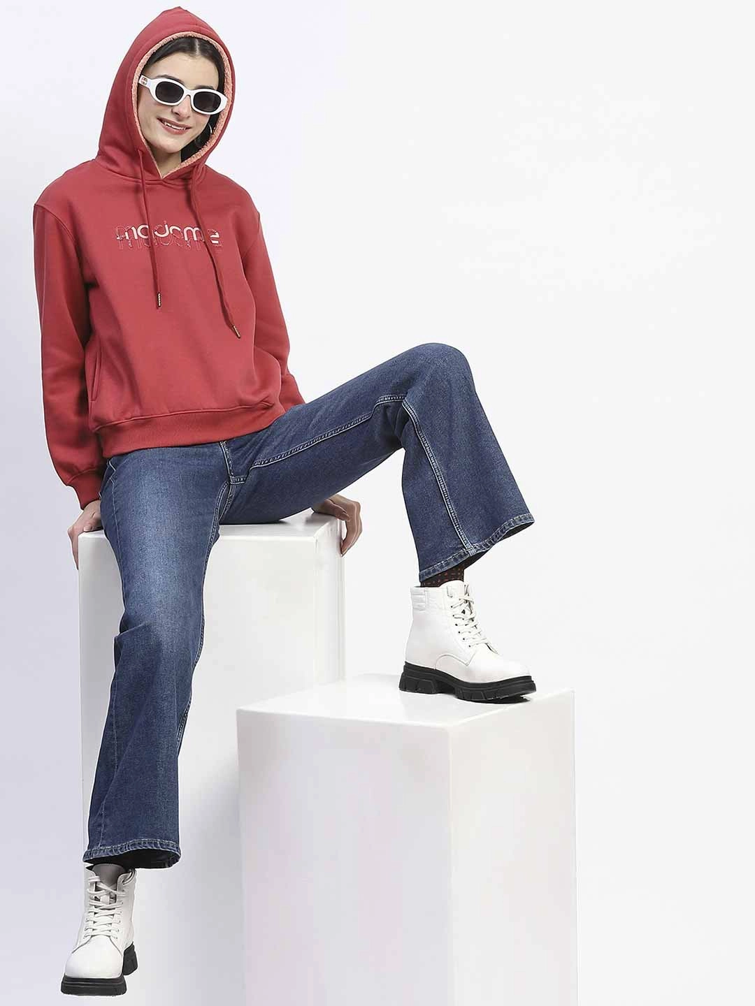 Madame Print And Handwork Red Hooded Sweatshirt Simple Layer Adjustable