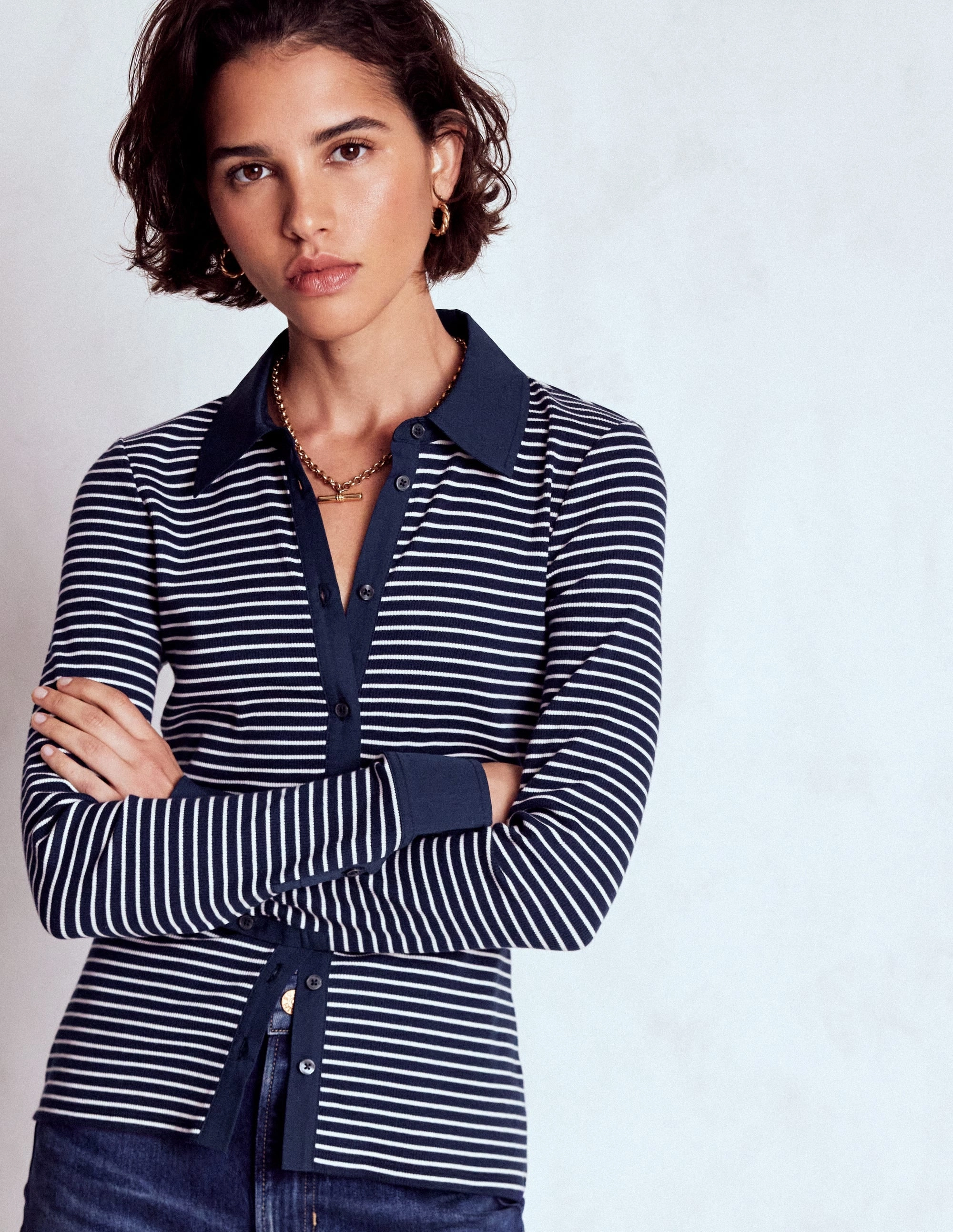 Collared Button Through Top-Navy and Ivory Stripe SoftTouch