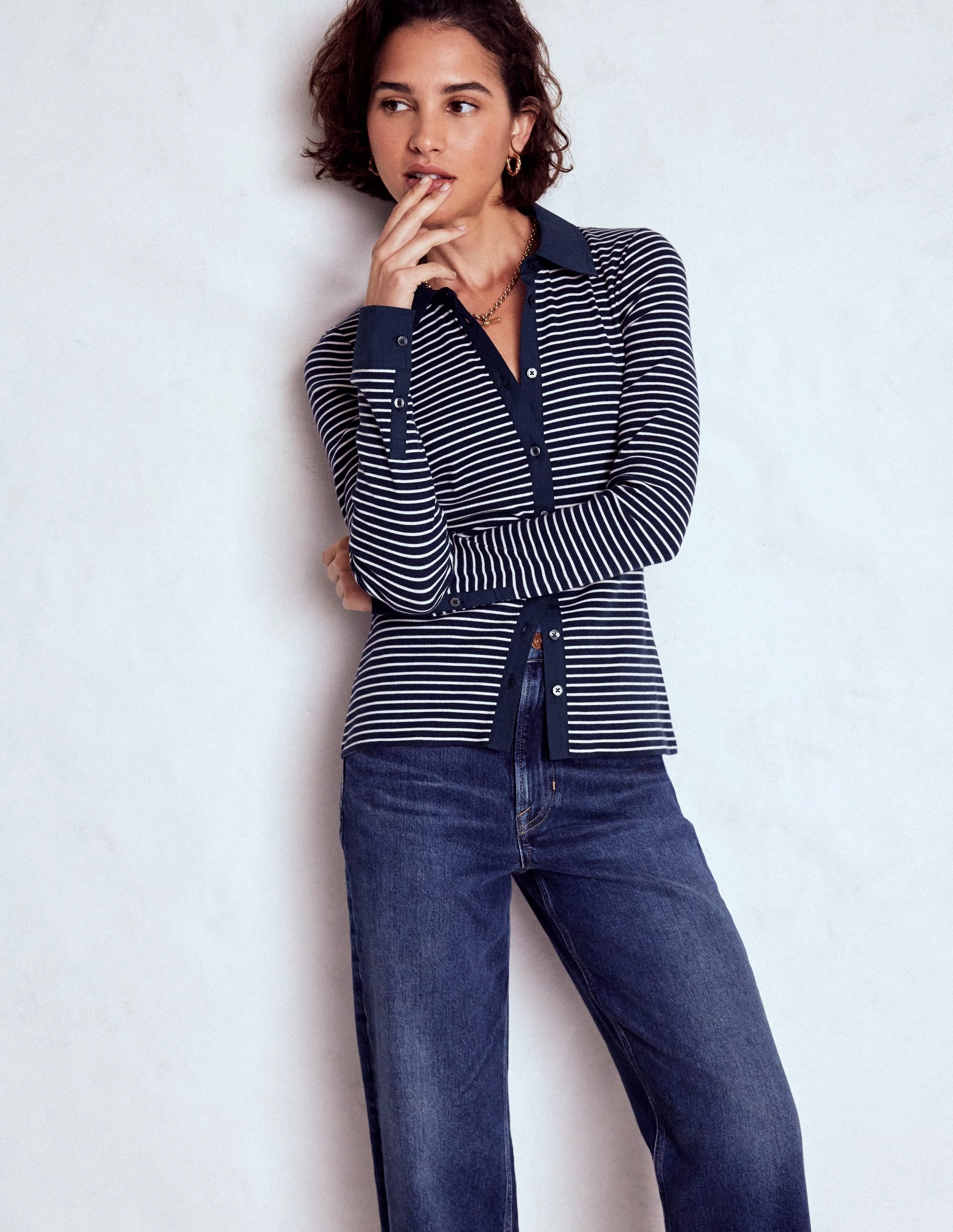 Collared Button Through Top-Navy and Ivory Stripe Ventilated Mesh Panels AllDay Comfort Tech