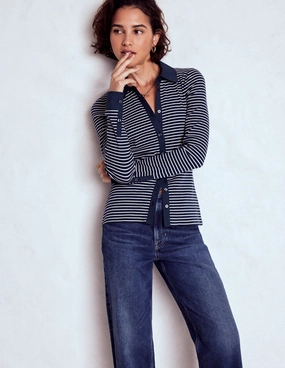 Collared Button Through Top-Navy and Ivory Stripe Ventilated Mesh Panels AllDay Comfort Tech