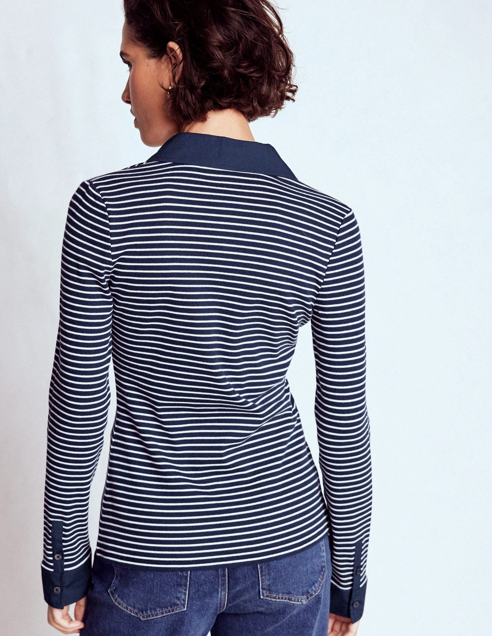 Collared Button Through Top-Navy and Ivory Stripe Hidden Pocket