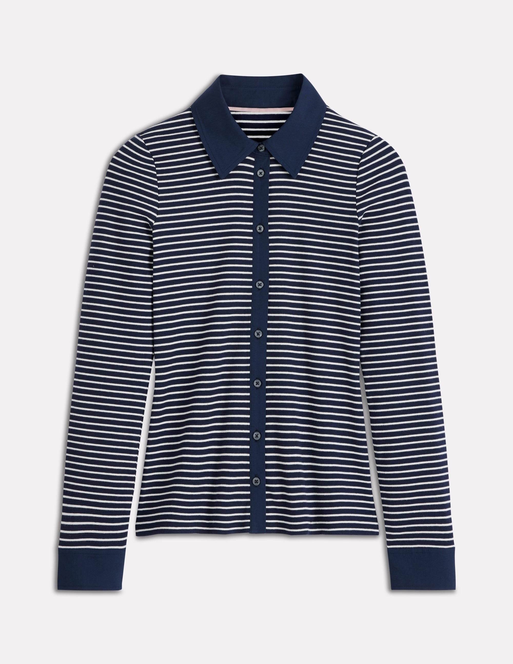 Seamless Knit Design DurableDoubleLayeredHem Collared Button Through Top-Navy and Ivory Stripe