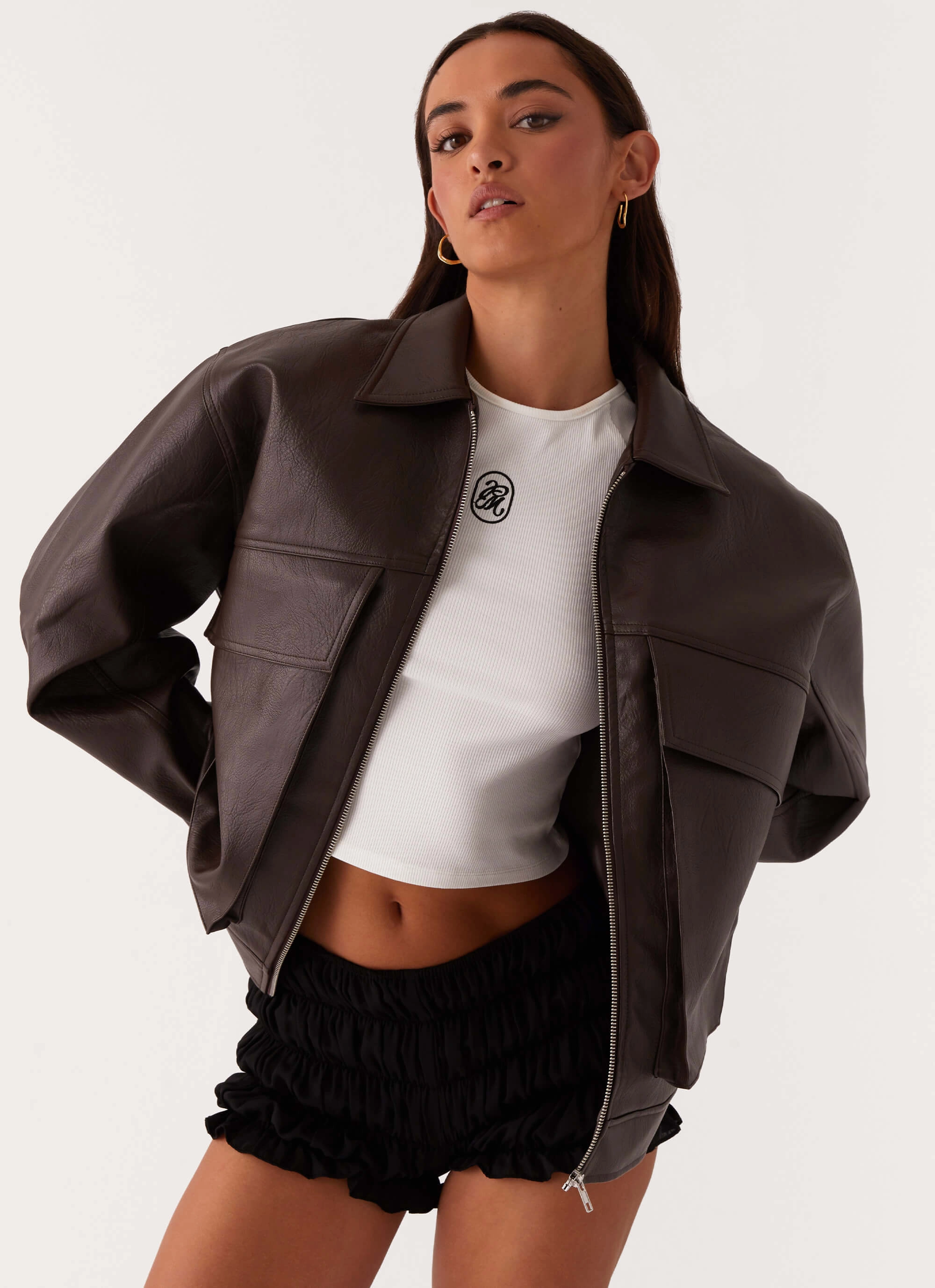 QuickAccess Pockets Auxiliary Attachment Points Lula Faux Leather Bomber Jacket - Chocolate
