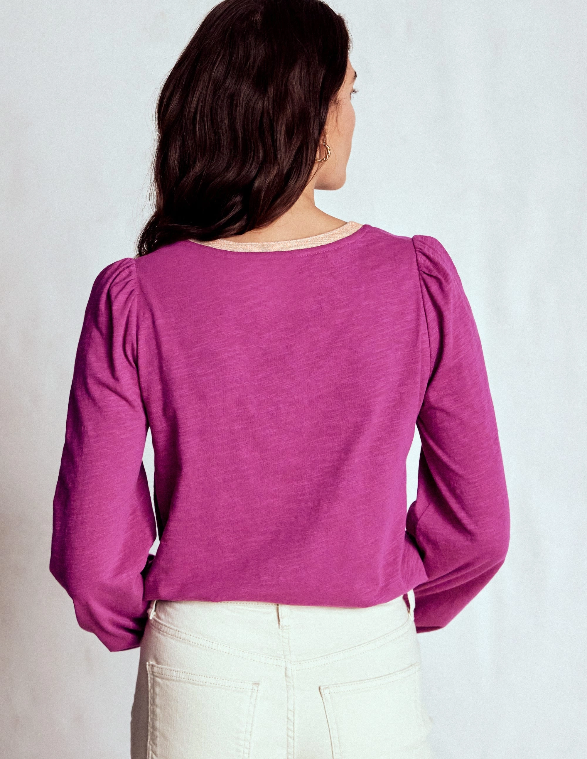 Lightweight Layering Option LowMaintenance Metallic Trim Long Sleeve Top-Rich Magenta