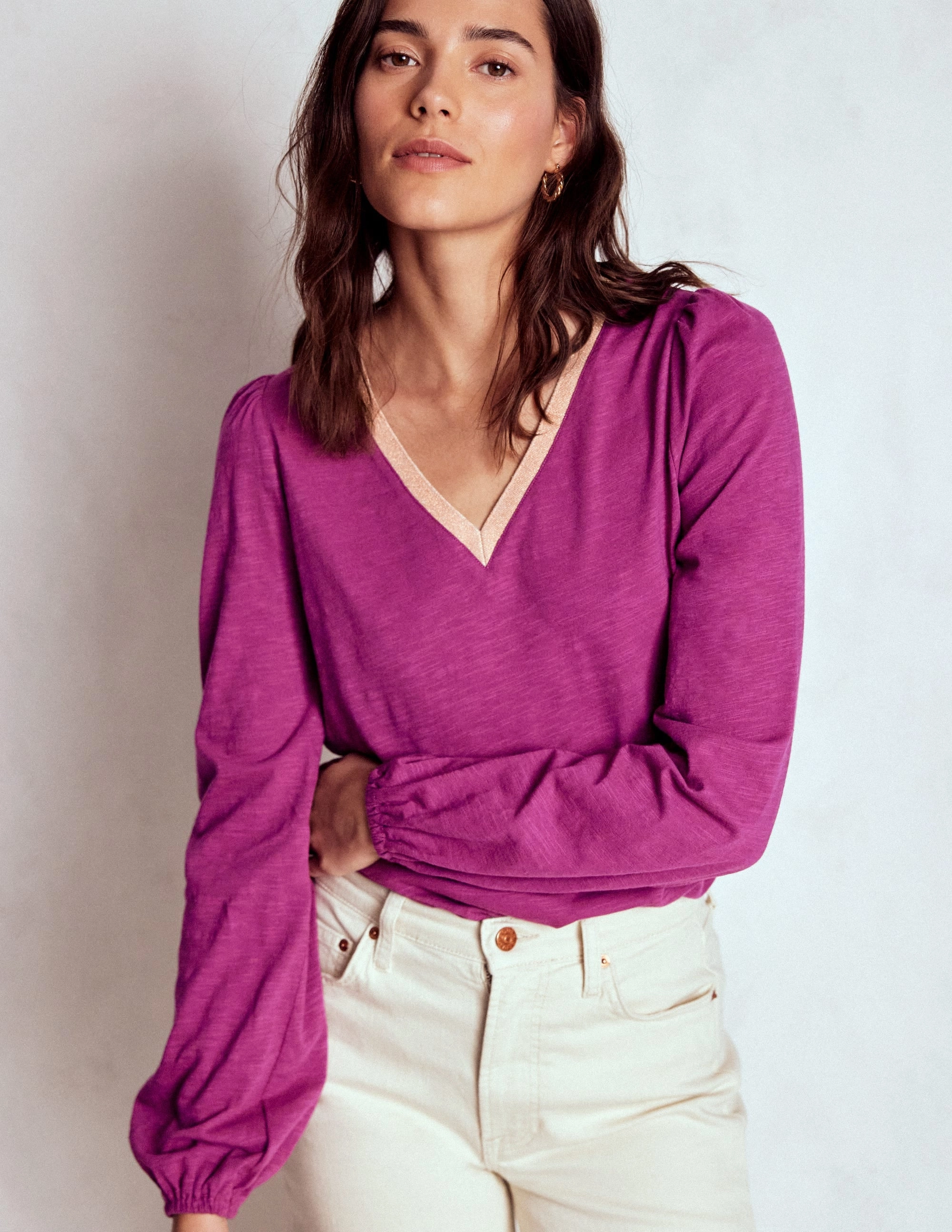 Metallic Trim Long Sleeve Top-Rich Magenta Temperature control