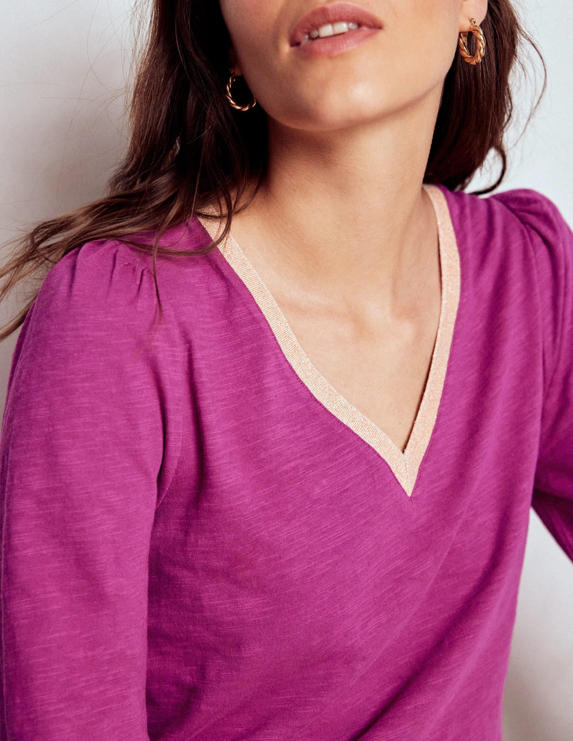 LaserCut Edges Metallic Trim Long Sleeve Top-Rich Magenta