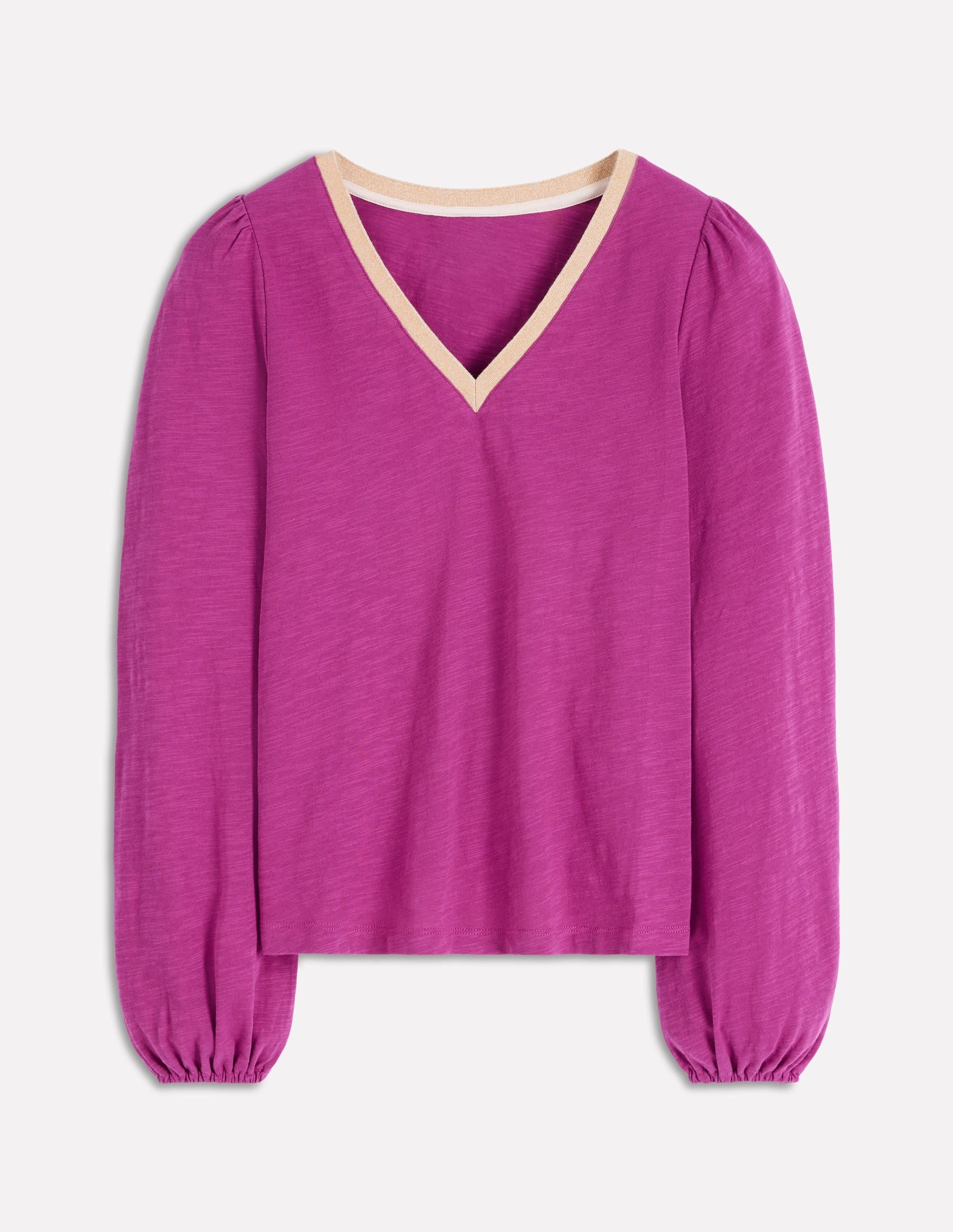 Ergonomic Pattern Design Stretchy Top Metallic Trim Long Sleeve Top-Rich Magenta