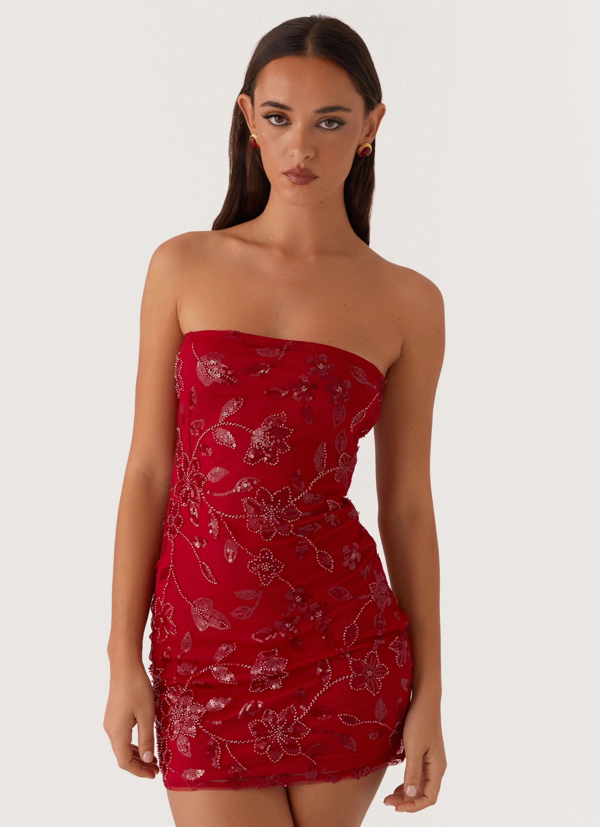 Smart Layer Comfortable Waistband Moorey Beaded Mini Dress - Red
