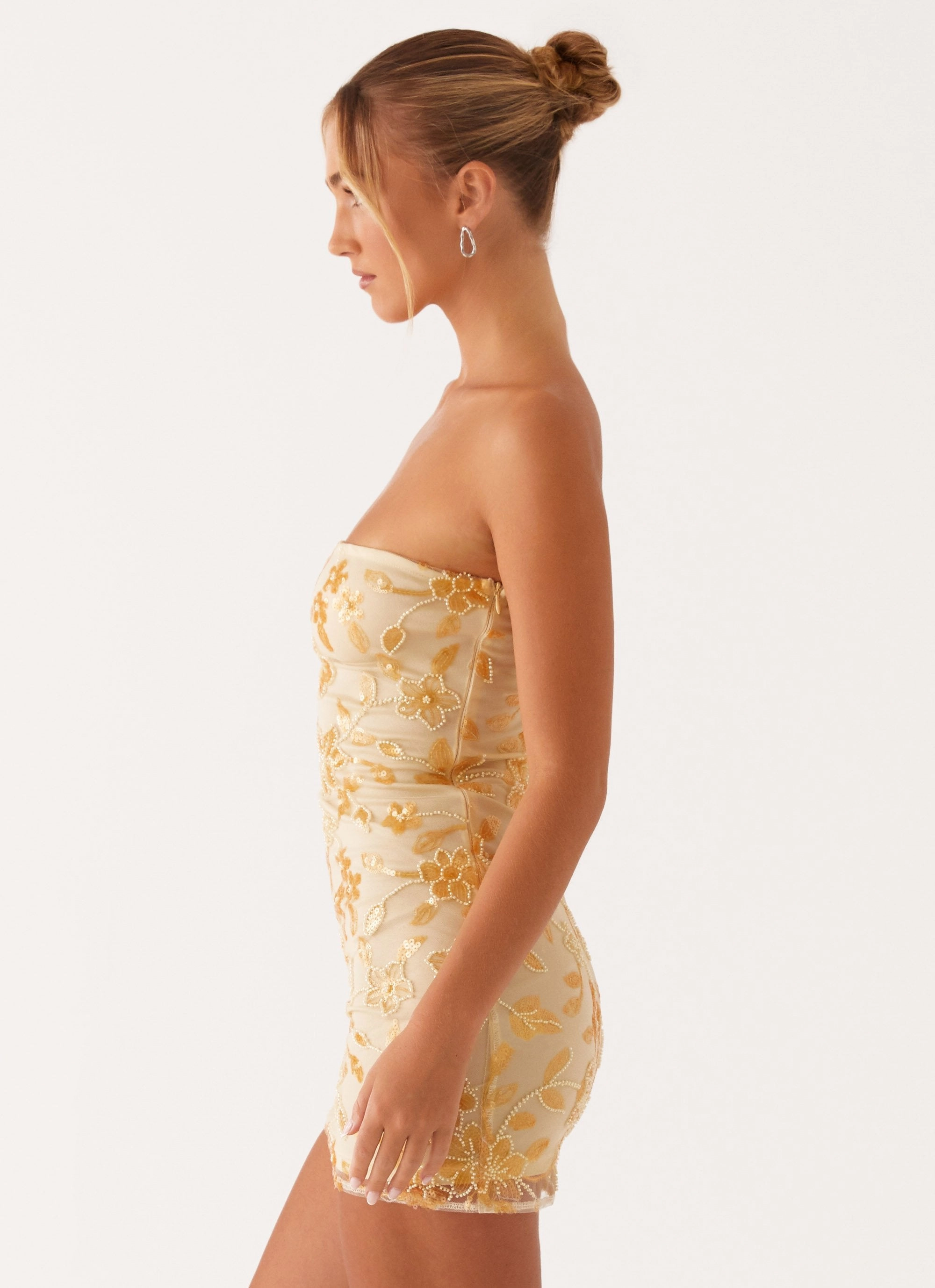 Moorey Beaded Mini Dress - Yellow Shape Retention Garden Scene