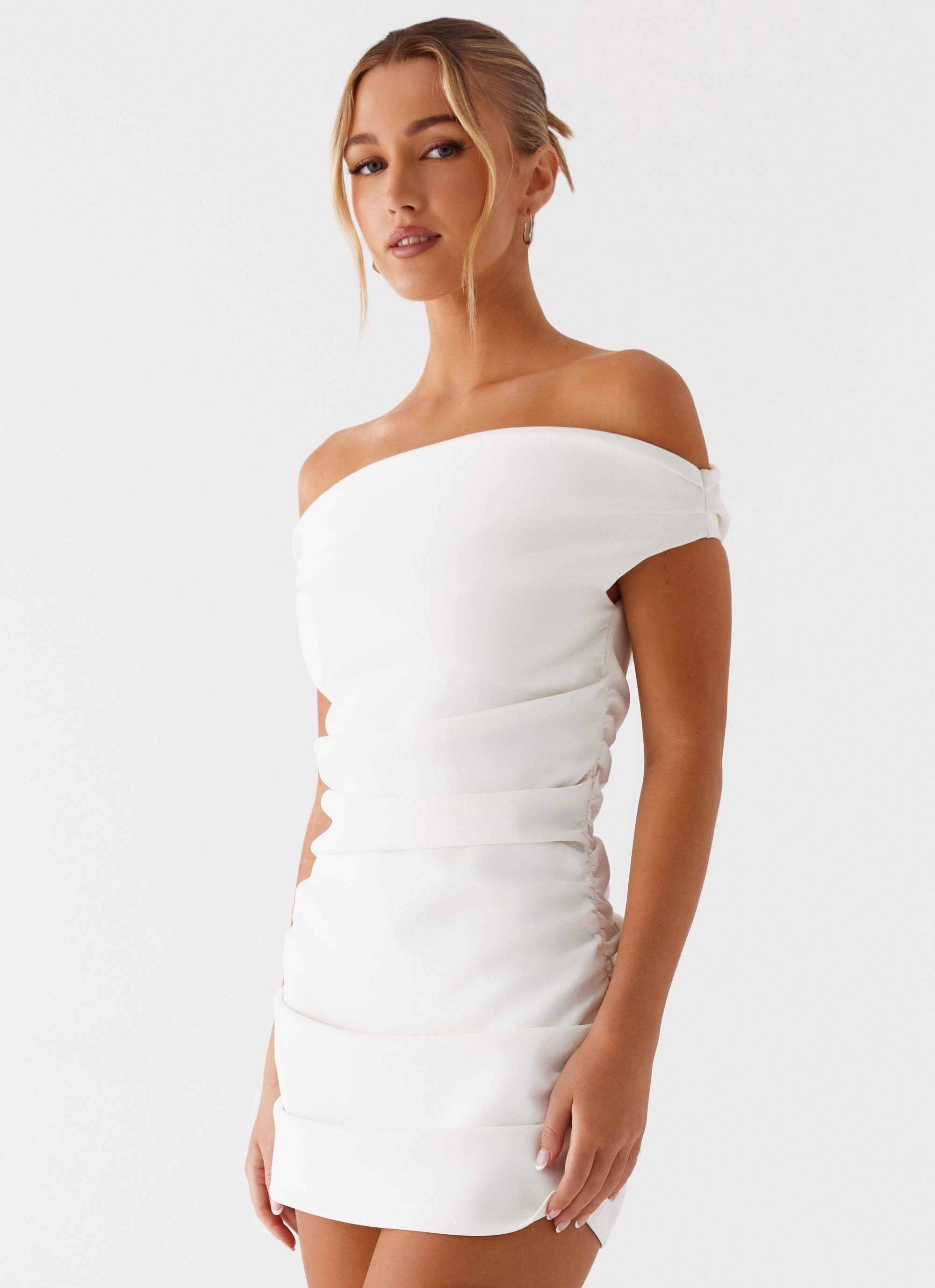 Morgan Off Shoulder Mini Dress - Ivory Silky Movement