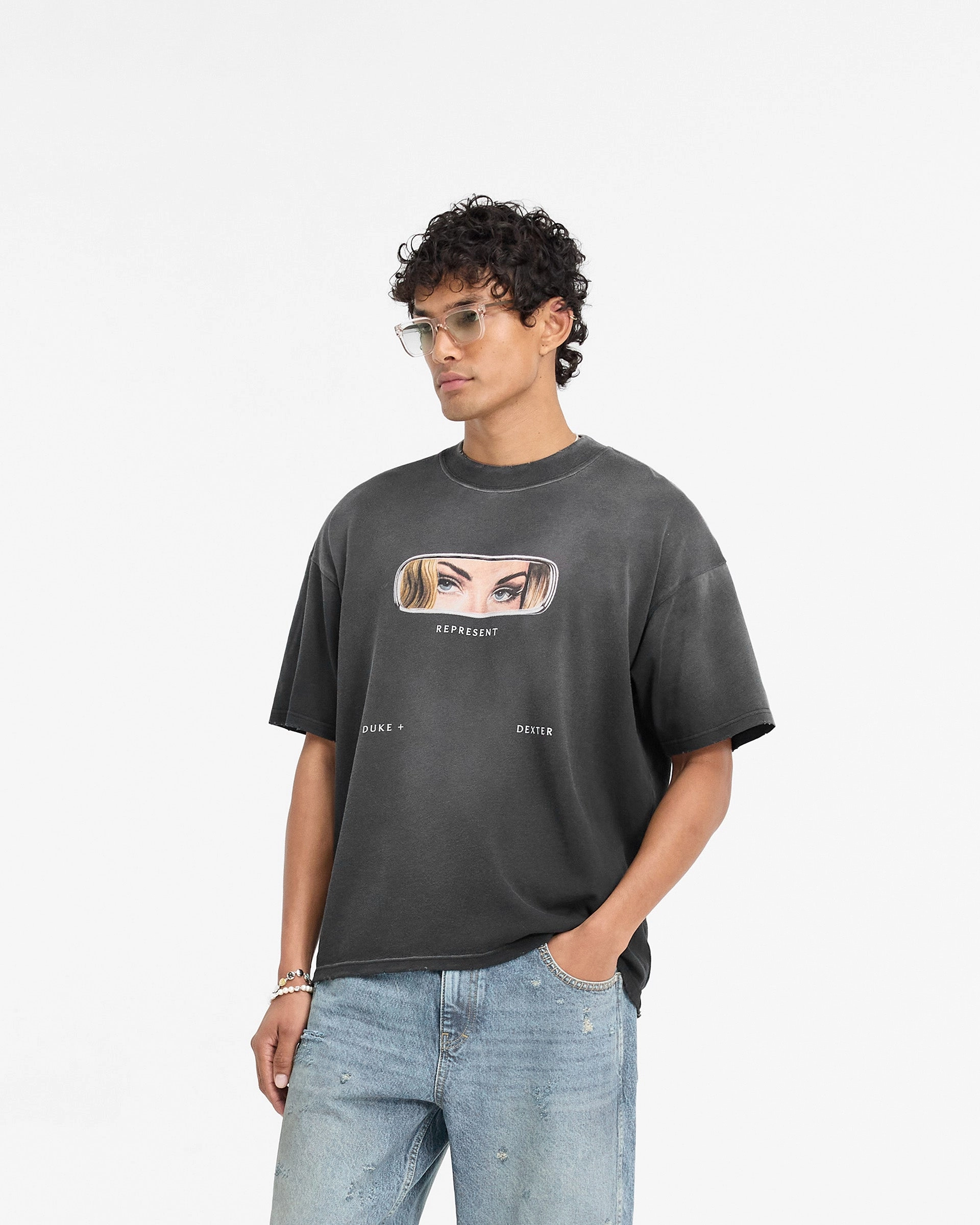 Represent X Duke   Dexter Rearview Mirror T-Shirt - Stained Black Simple and Relaxed Classic Cut