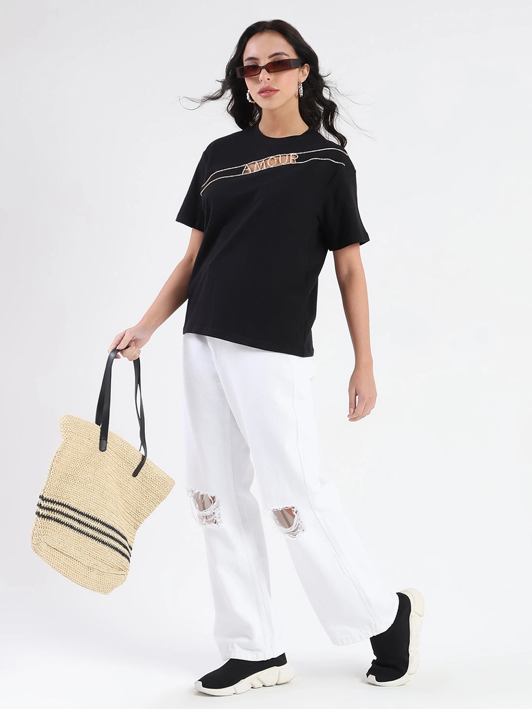 Pullover Madame Embellished Cutwork Detail Black Cotton T-shirt