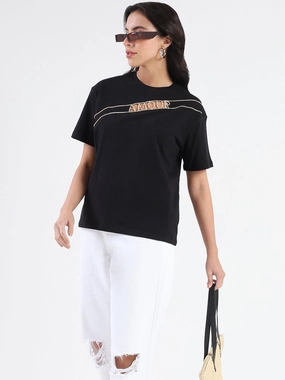 Madame Embellished Cutwork Detail Black Cotton T-shirt EnhancedDurabilityFinish Micro Perforation