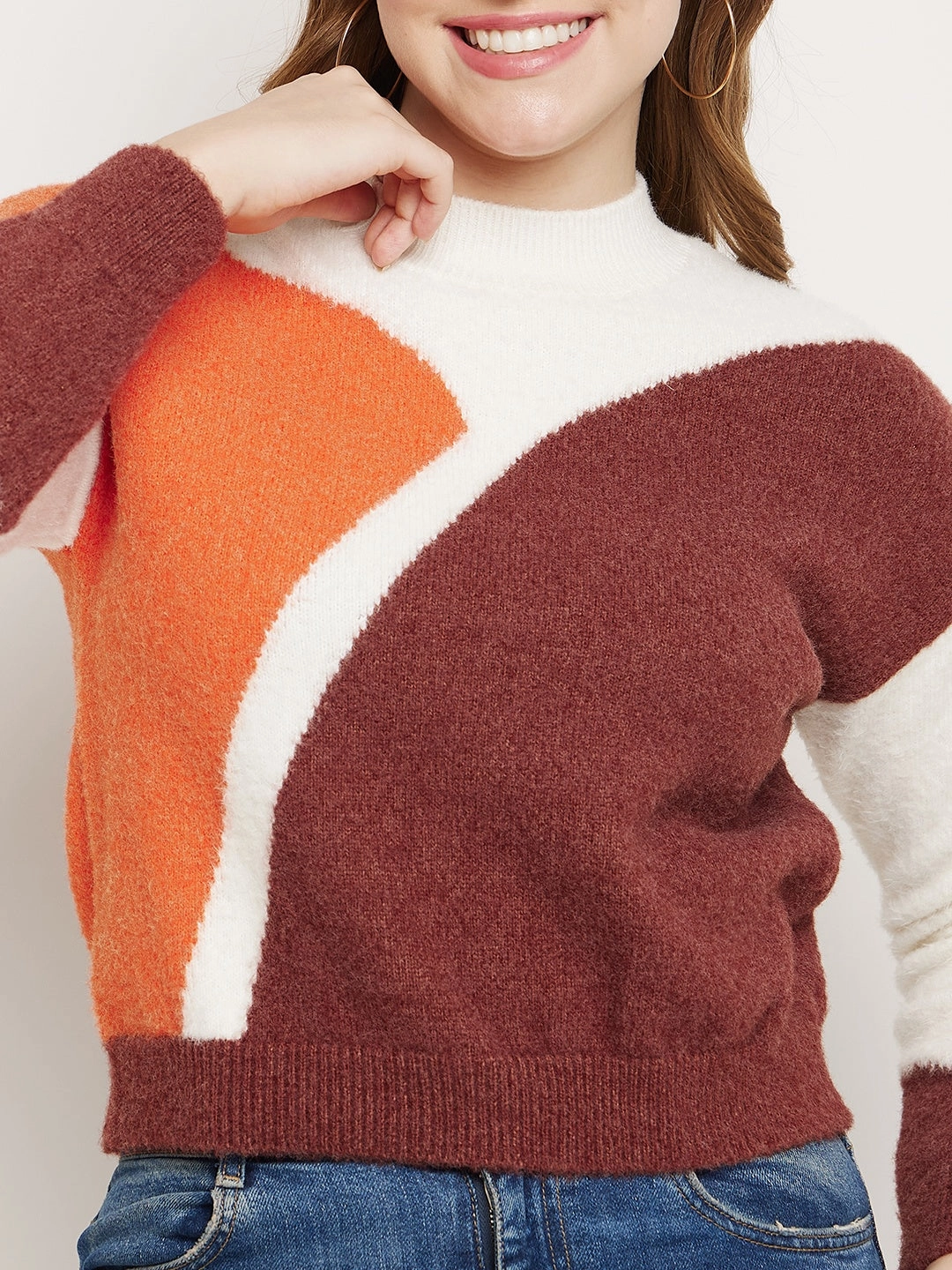 Madame Brown Colourblocked Round Neck Sweater Knit texture
