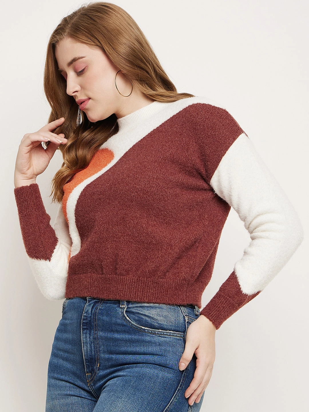 Fade Resistant Finish Ergonomic Sleeve Design Madame Brown Colourblocked Round Neck Sweater