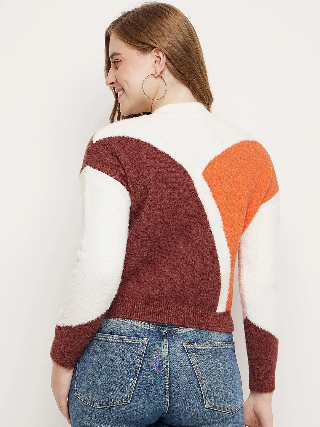 Madame Brown Colourblocked Round Neck Sweater Soft Knit Style Moisture Wicking Fabric