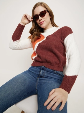 Madame Brown Colourblocked Round Neck Sweater Fine Gauge Knit Light Stretch
