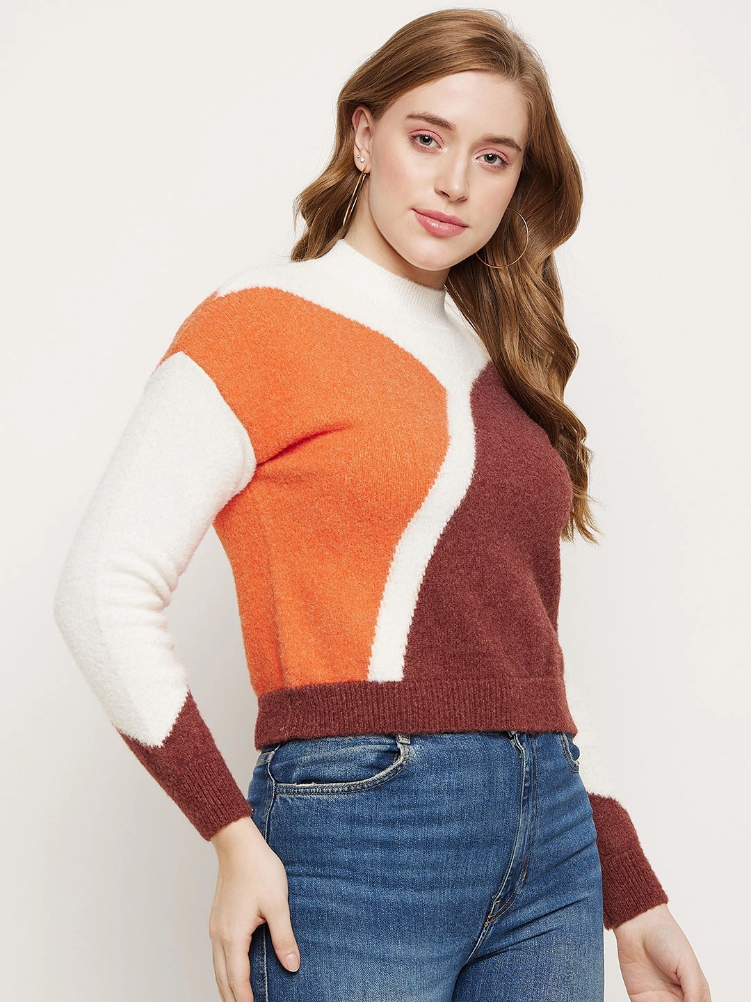 Madame Brown Colourblocked Round Neck Sweater Lattice Stitch Pattern