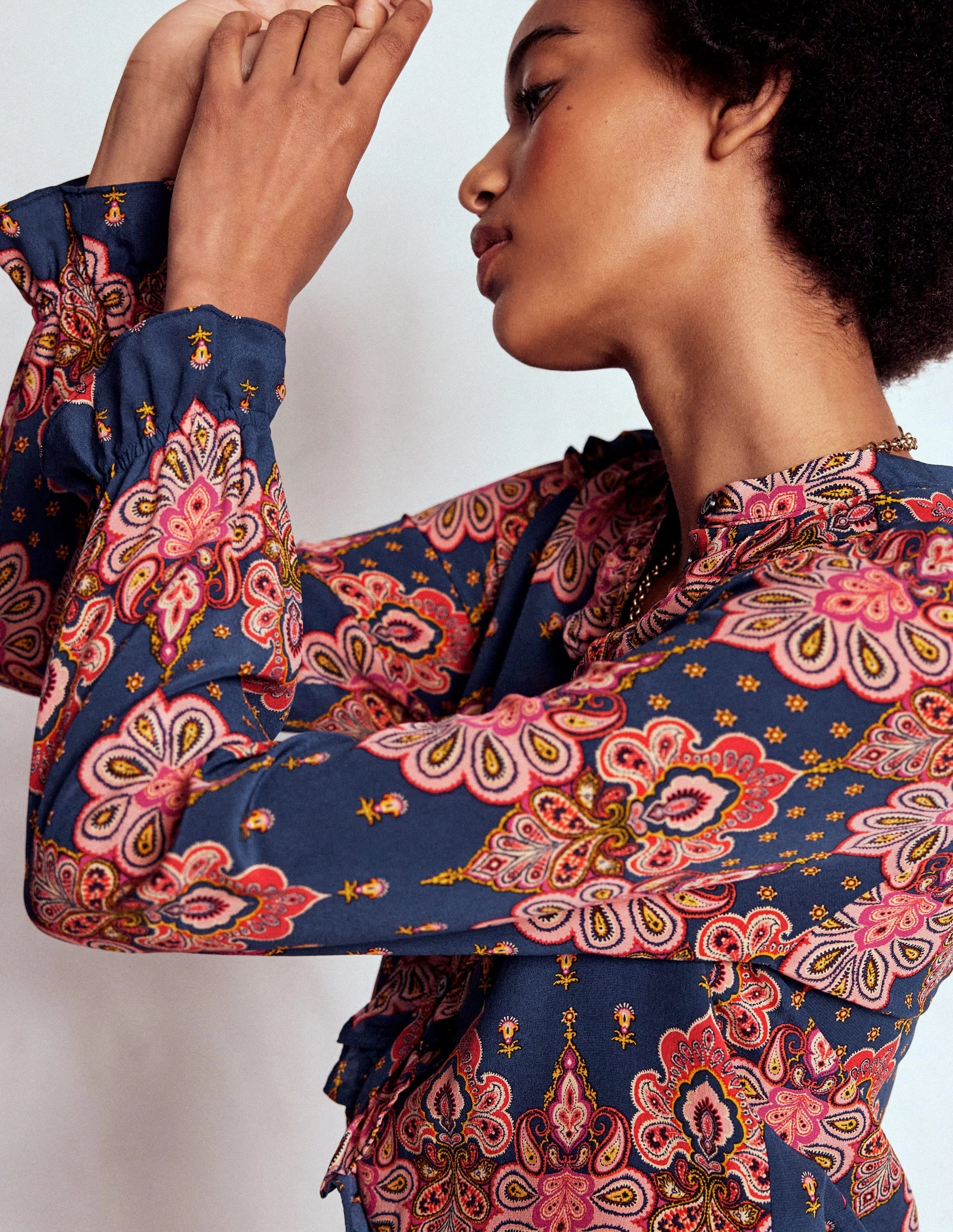 Alice Frill Front Silk Top-Navy, Embellished Paisley Roll Up Sleeve Design