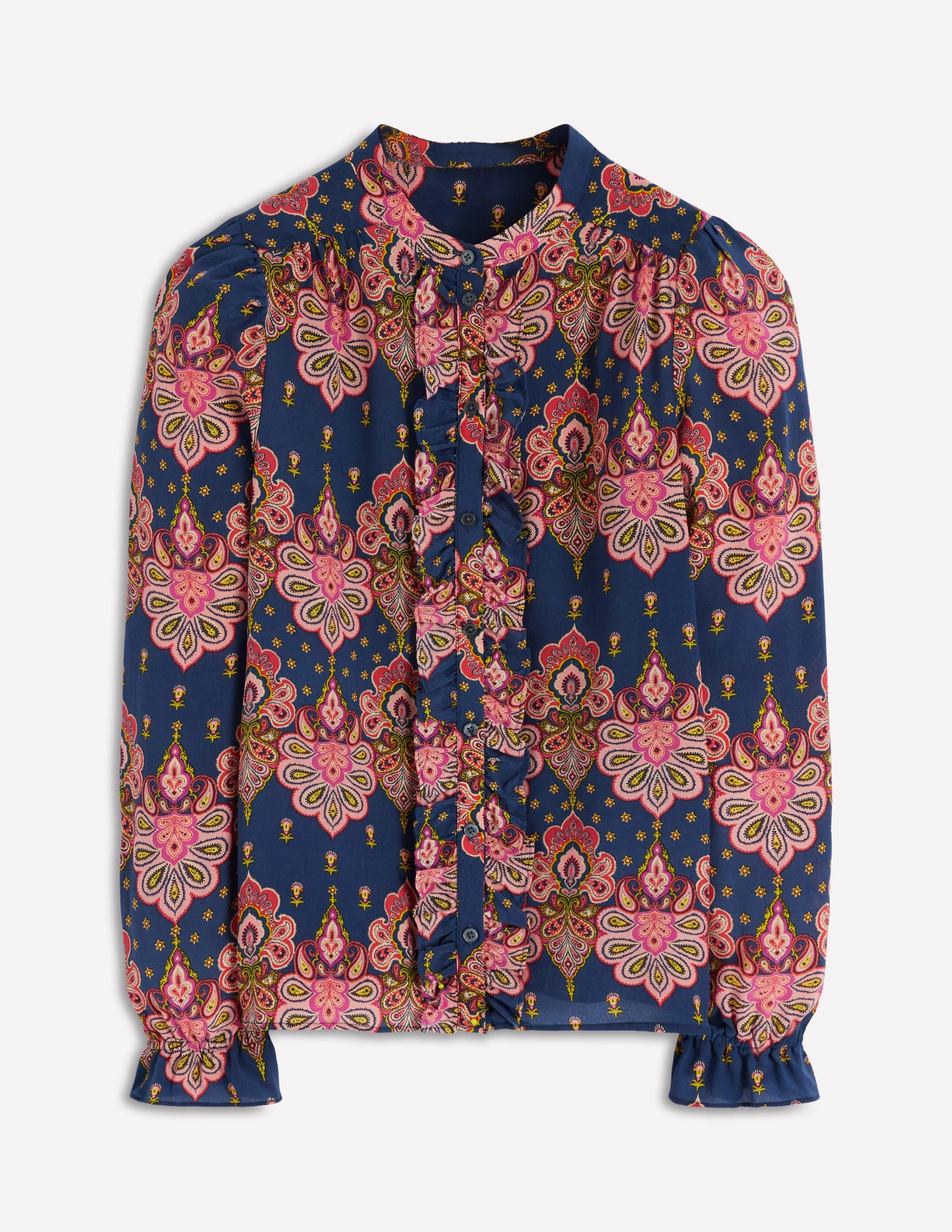 Metallic Fiber Blend Alice Frill Front Silk Top-Navy, Embellished Paisley