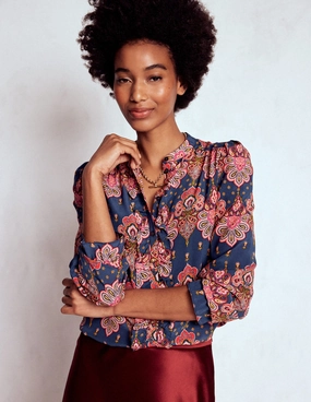 Alice Frill Front Silk Top-Navy, Embellished Paisley VentilatedMeshPaneling