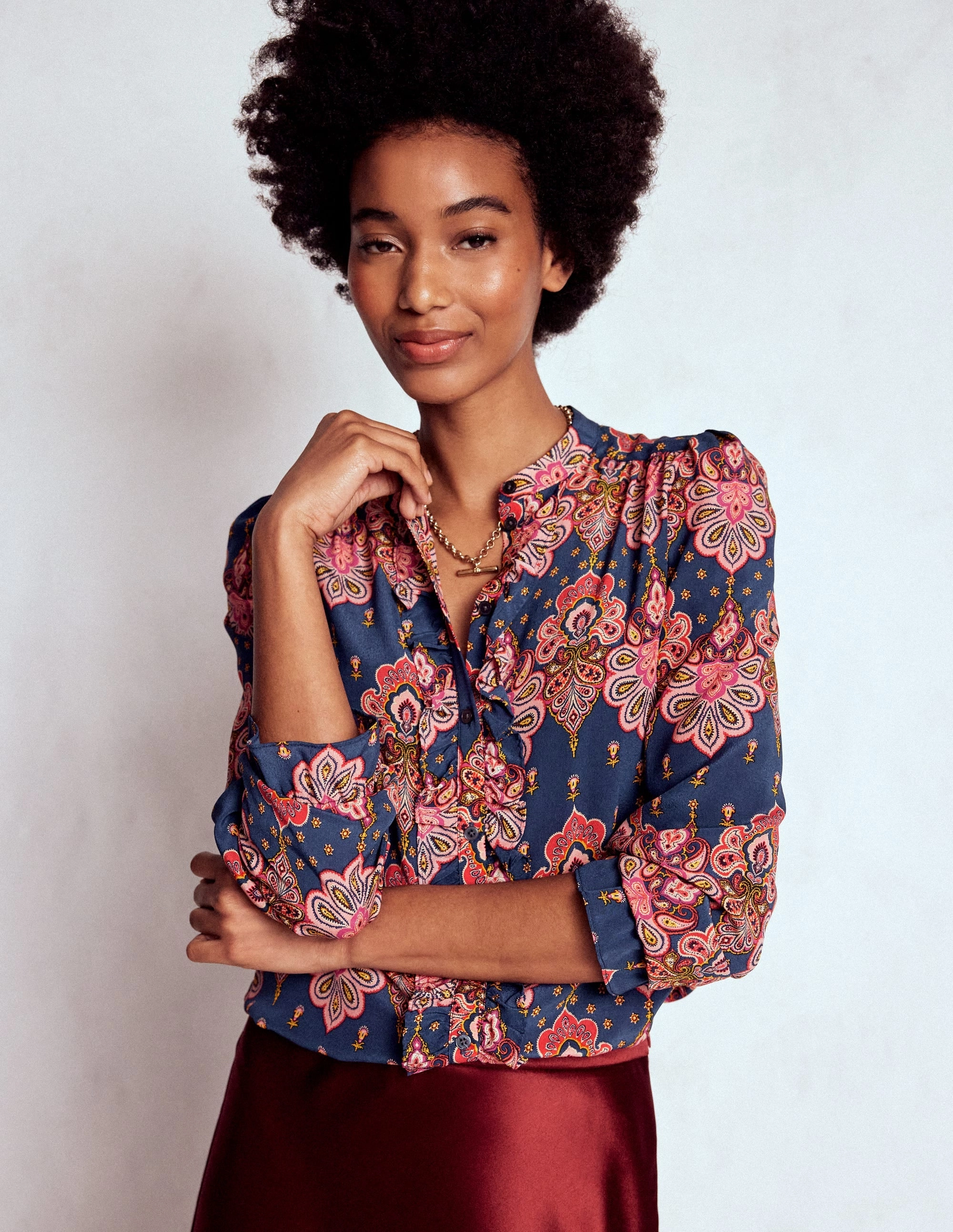 Alice Frill Front Silk Top-Navy, Embellished Paisley VentilatedMeshPaneling