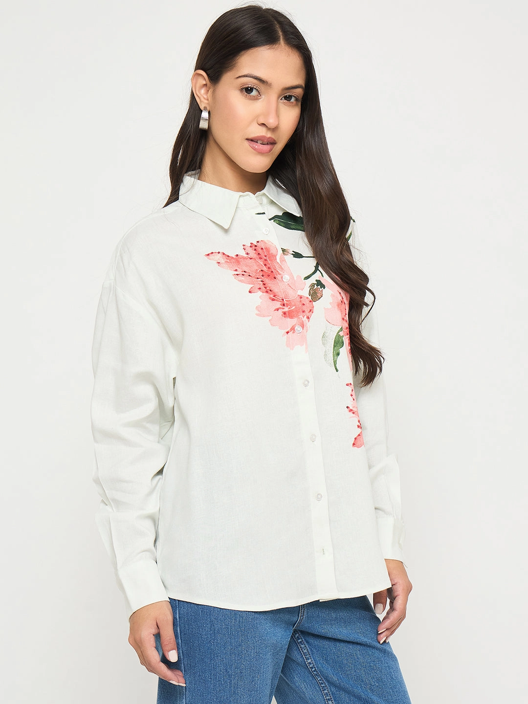 Madame Floral Print Light Green Viscose Blend Shirt Year-Round Wear