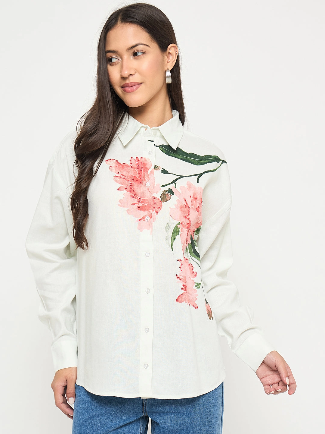 Madame Floral Print Light Green Viscose Blend Shirt Year-Round Favorite