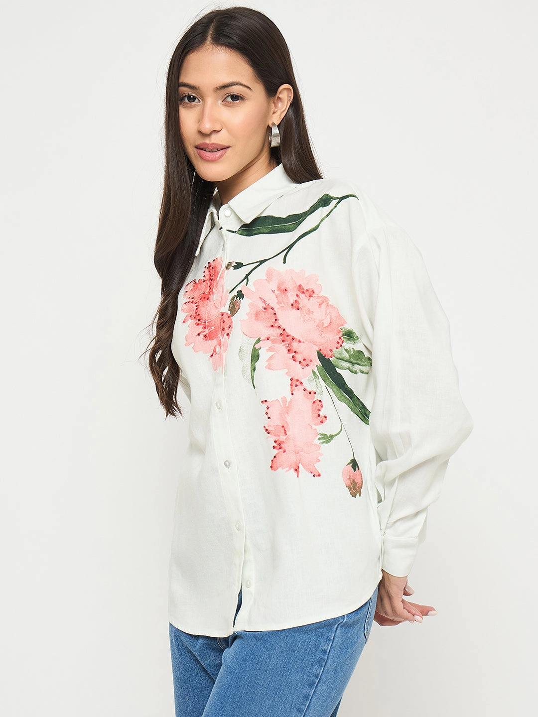 Essential Wardrobe Madame Floral Print Light Green Viscose Blend Shirt