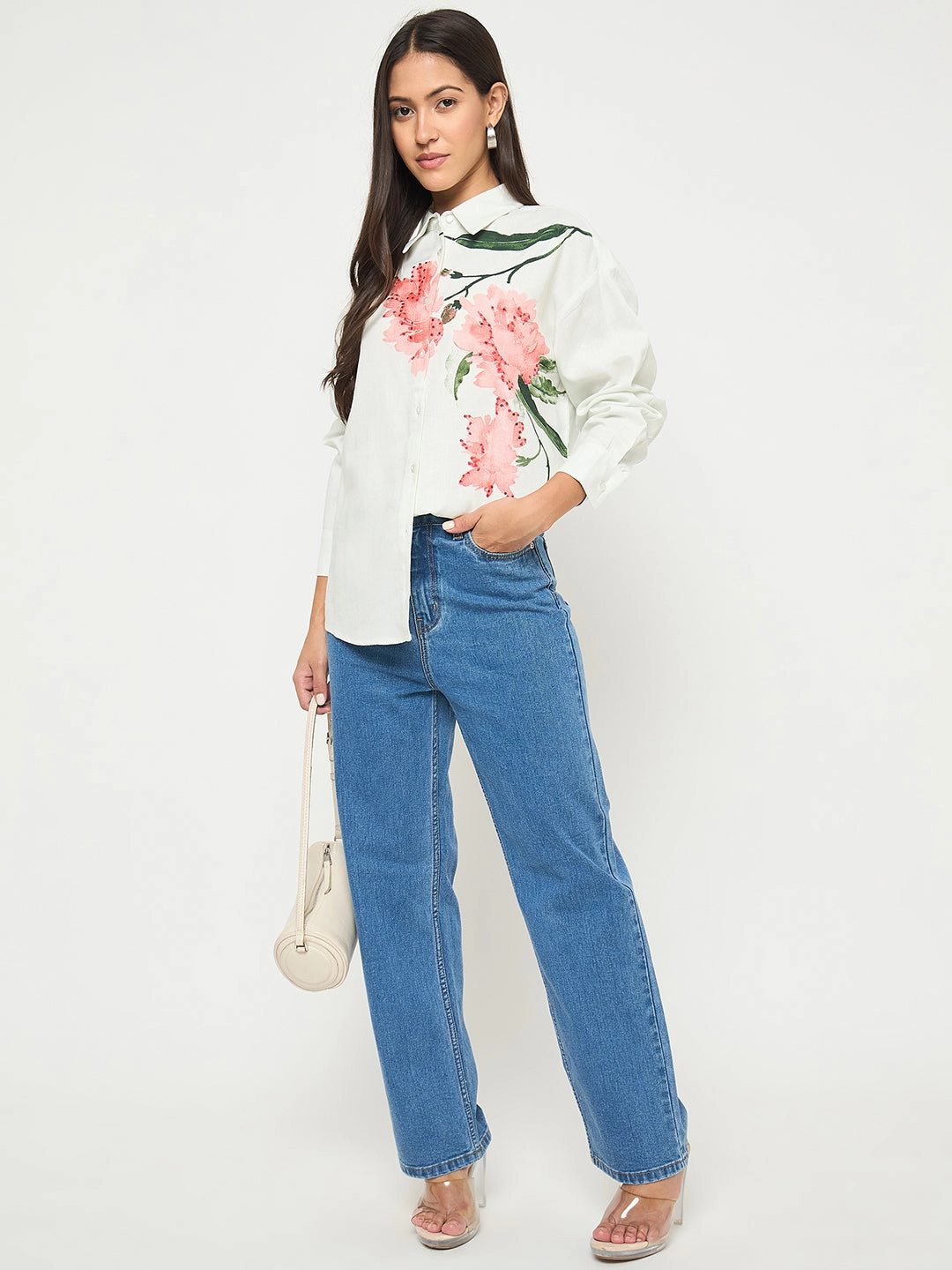 Madame Floral Print Light Green Viscose Blend Shirt Modern Fit