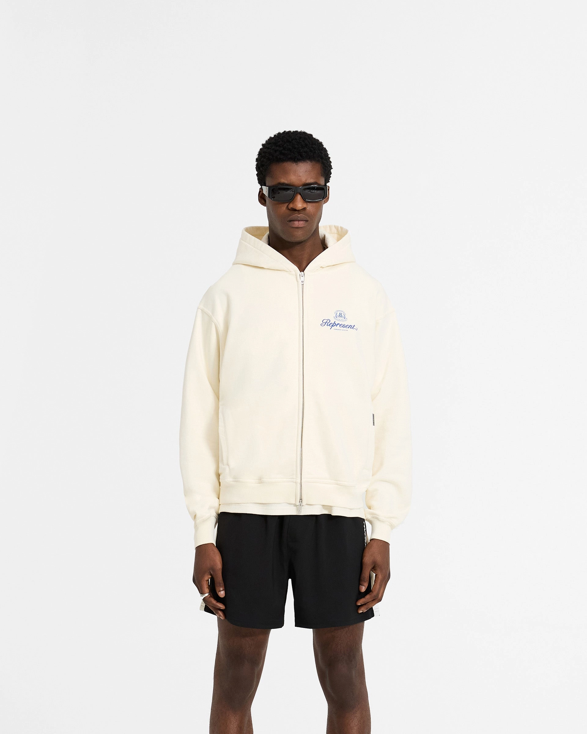 Anti Pill Technology Kangaroo like Permanent Vacation Zip Up Hoodie - Antique White