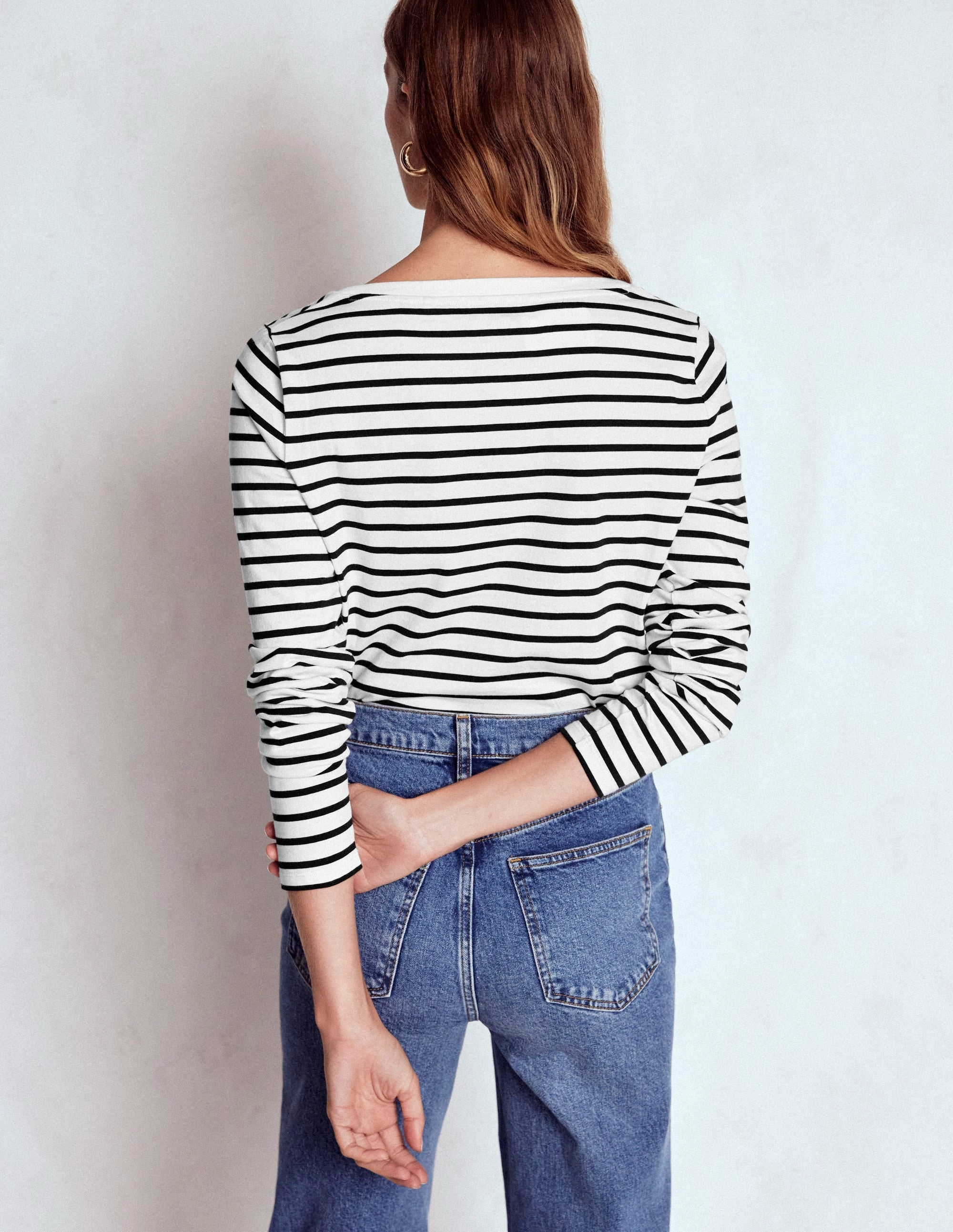 Olivia Long Sleeve Breton-Ivory, Black RibbedTrim Easy Care Material