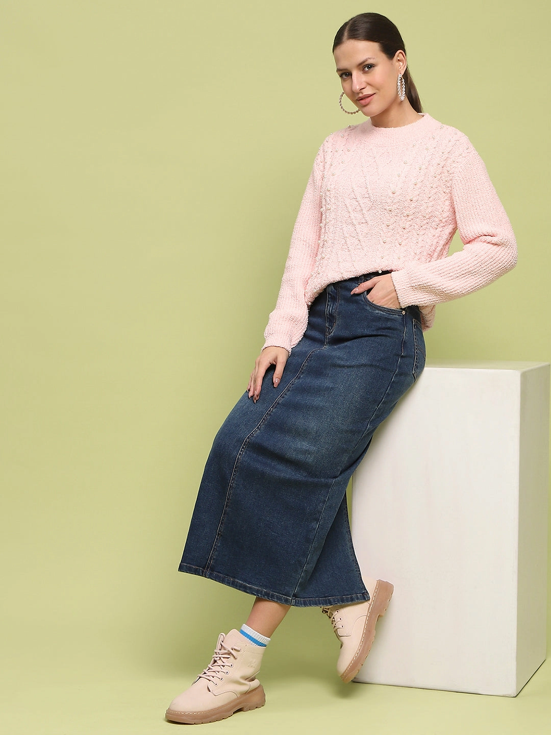 Winter Ready Layer Madame Cable Knit Full Sleeve Peach Sweater