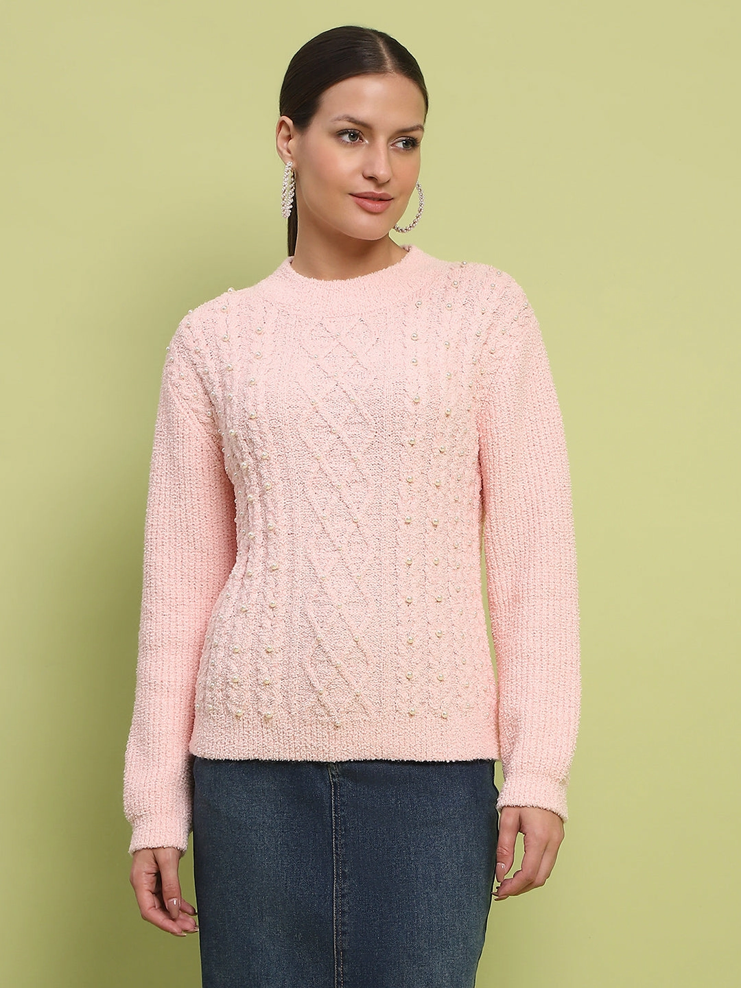 Madame Cable Knit Full Sleeve Peach Sweater Layer Design Chilly Day Outfit
