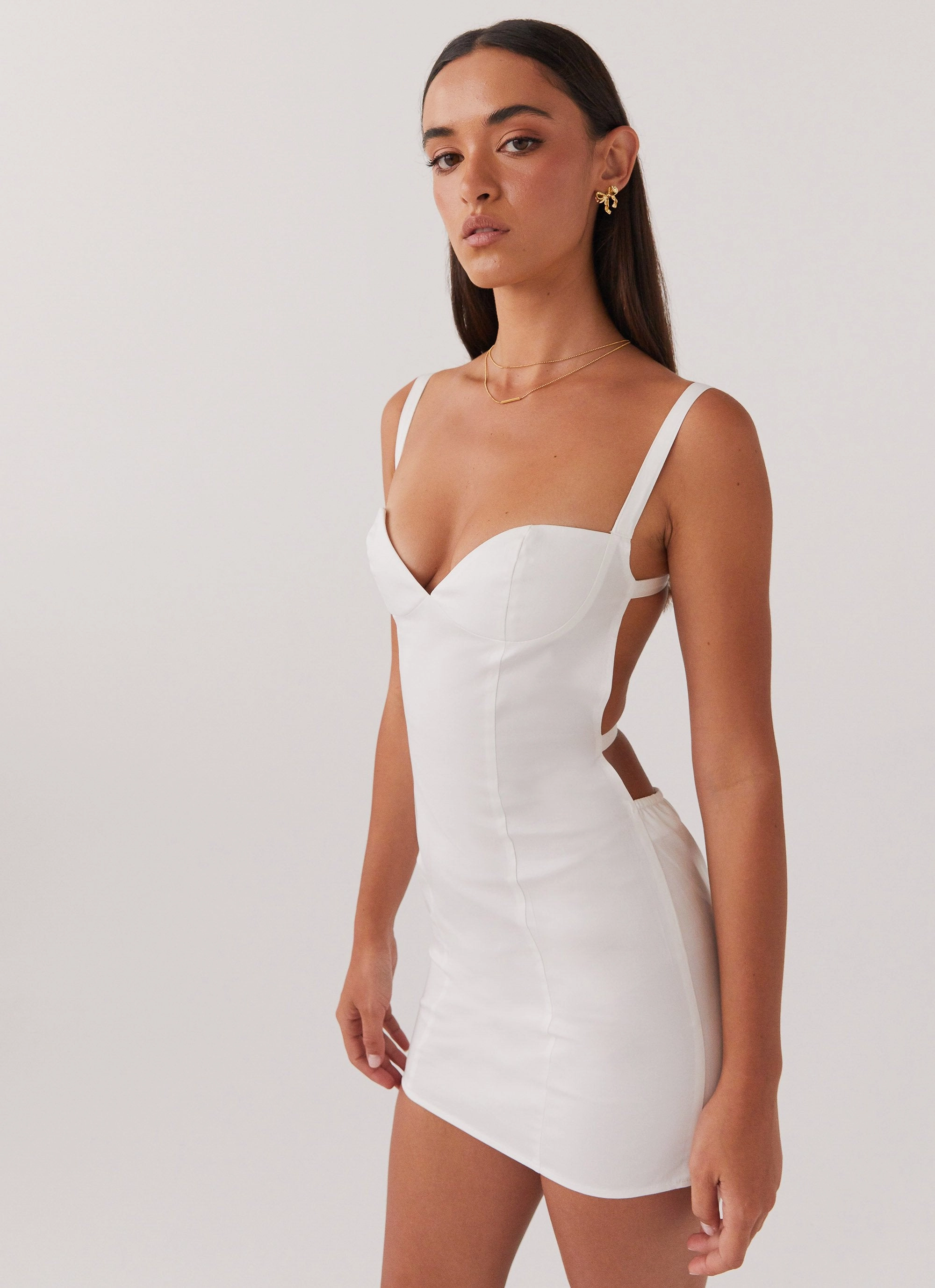 Naomi Backless Mini Dress - White Statement Neck MultiPurposePockets