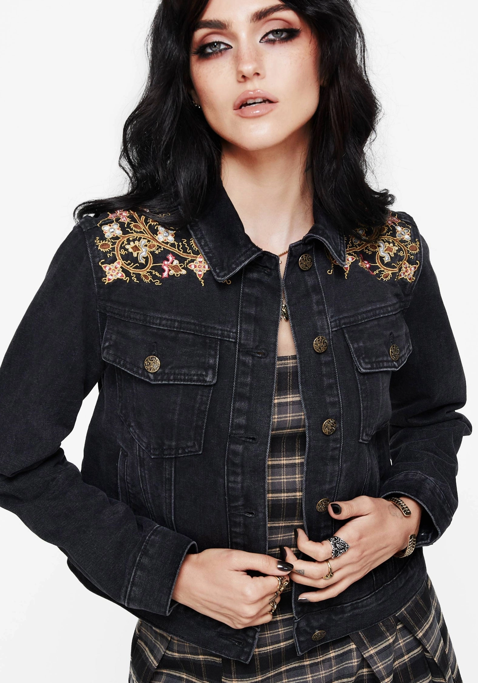 Nasturtium Floral Embroidered Denim Jacket Subtle Layers AdjustableDrawcordHem