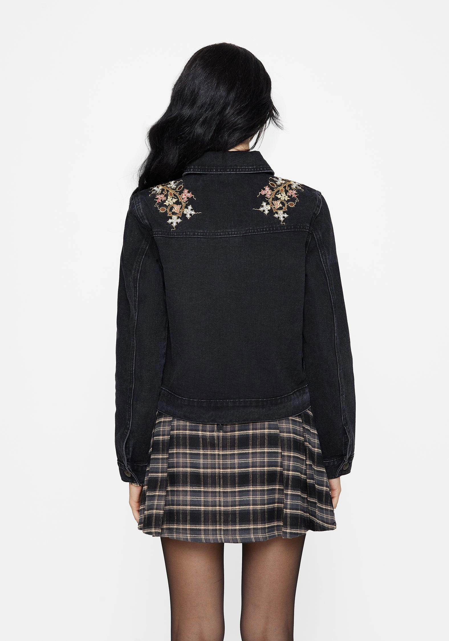 Hooded Comfort Fit Nasturtium Floral Embroidered Denim Jacket