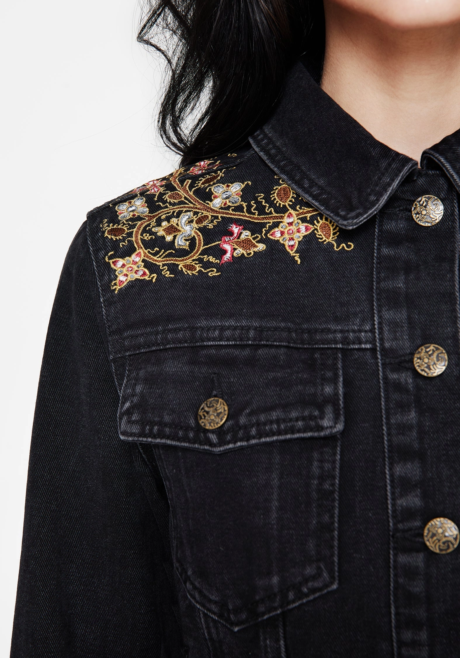 AdjustableCuffs Recycled materials Nasturtium Floral Embroidered Denim Jacket