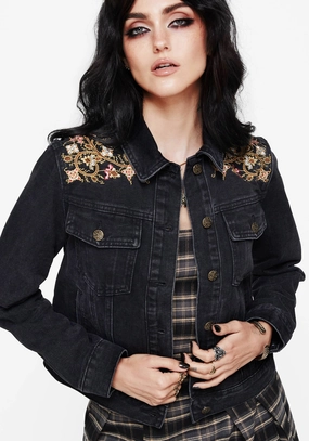 Nasturtium Floral Embroidered Denim Jacket Subtle Layers AdjustableDrawcordHem