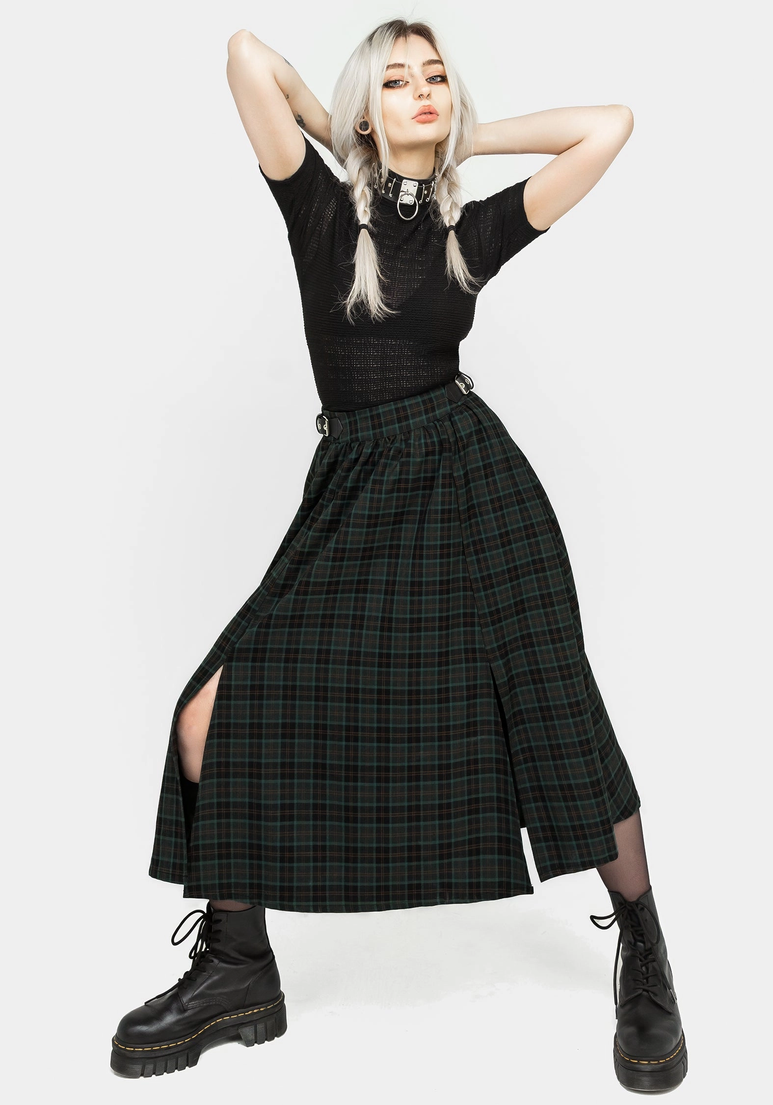 Nightingale Buckled Check Midi Skirt Smart Comfort Soft Aesthetic