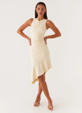 Flexible Waist Niya Ruched Midi Dress - Pastel Yellow