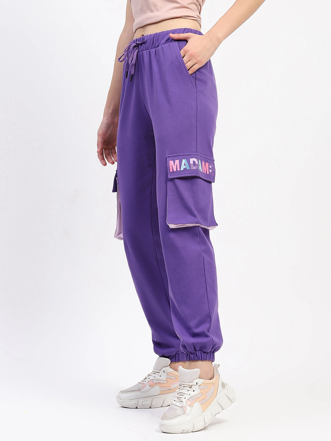 Travel Ready Madame Purple Cotton Joggers with Elastic Waist and Flap Pockets