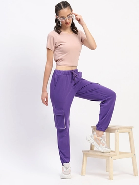 Sporty Fit Design Madame Purple Cotton Joggers with Elastic Waist and Flap Pockets